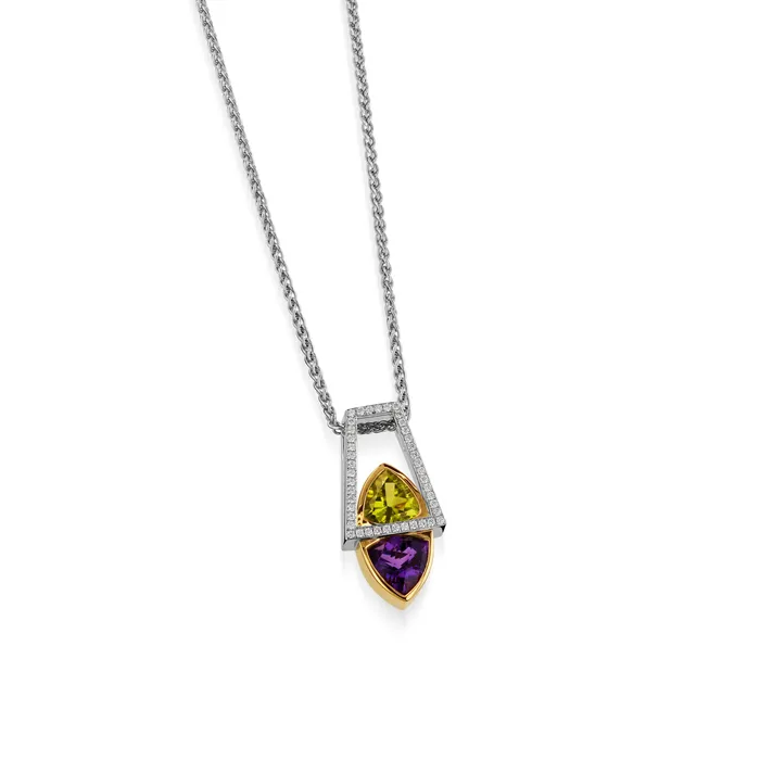 John Atencio Necklaces Signature Trillion Amethyst and Peridot Pendant Necklace with Pave Diamonds John Atencio Necklaces Signature Trillion Amethyst and Peridot Pendant Necklace with Pave Diamonds