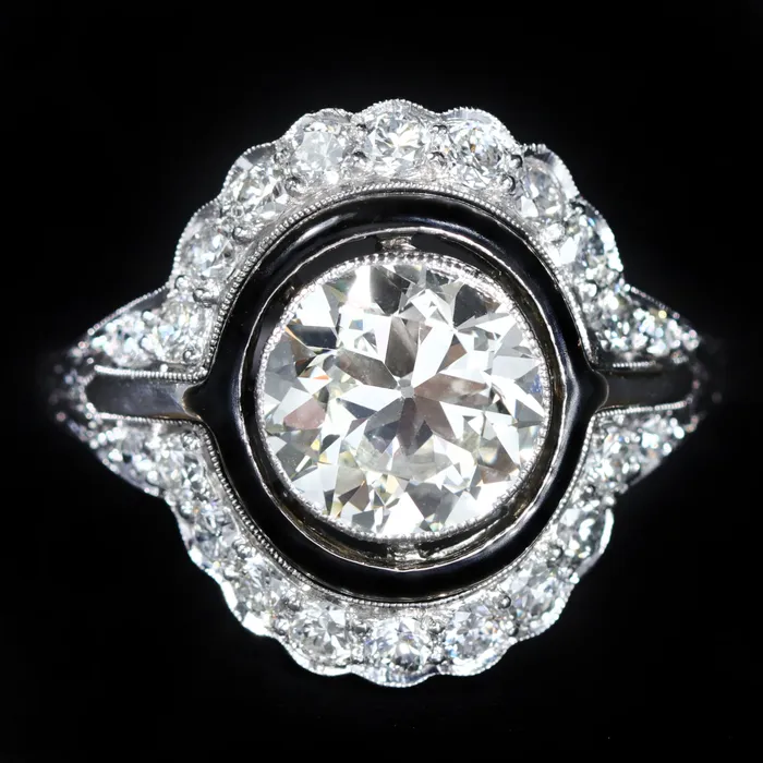 Rings Heirloom Jewelers Art Deco GIA 215 Carat Old European Cut Diamond and Black Enamel Engagement Ring