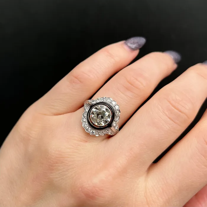 Rings Heirloom Jewelers Art Deco GIA 215 Carat Old European Cut Diamond and Black Enamel Engagement Ring