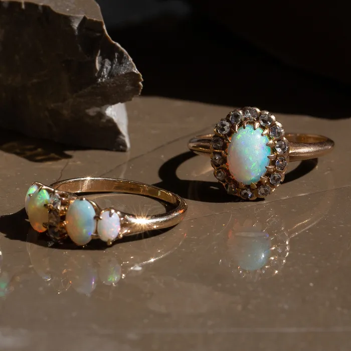 Antique Rings Victorian Opal and Rose Cut Diamond 12k Gold Ring