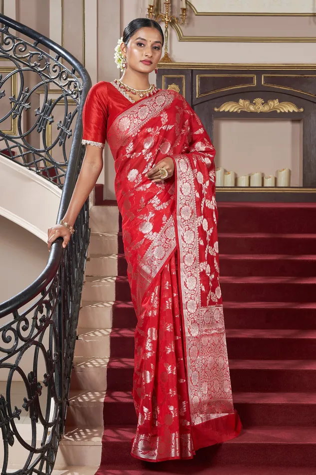 Earrings Teejh Manjula Red Banarasi Semi Georgette Silk Saree Teejh
