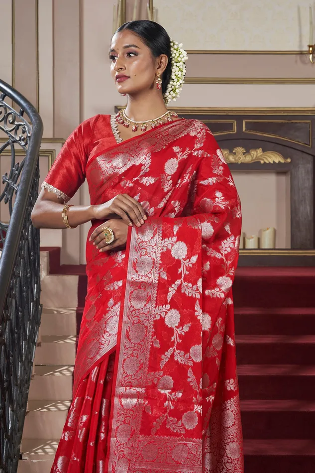 Earrings Teejh Manjula Red Banarasi Semi Georgette Silk Saree Teejh