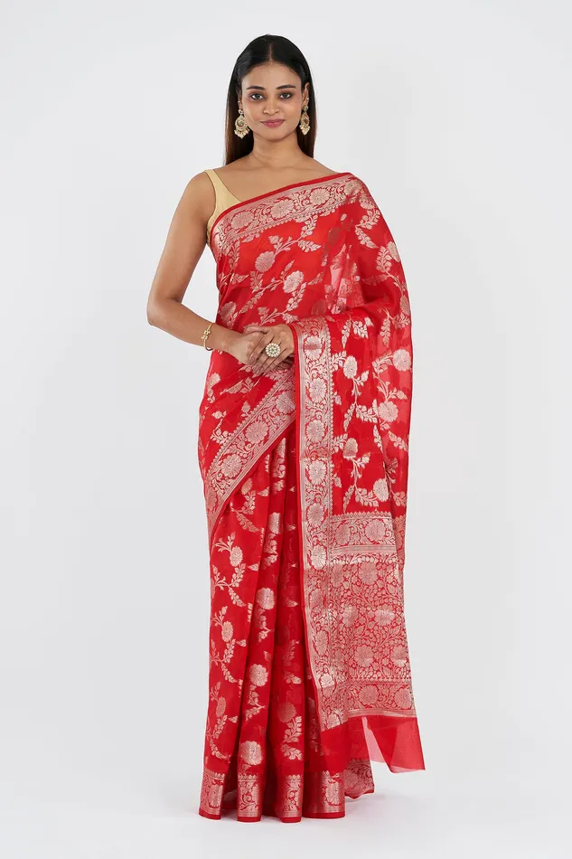 Earrings Teejh Manjula Red Banarasi Semi Georgette Silk Saree Teejh