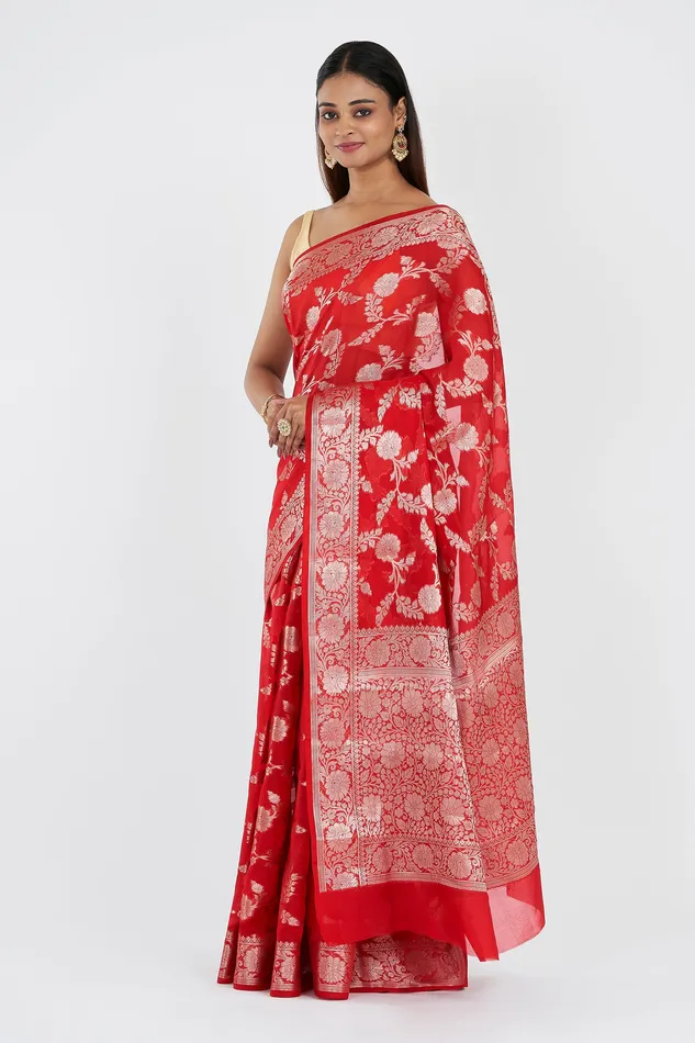 Earrings Teejh Manjula Red Banarasi Semi Georgette Silk Saree Teejh