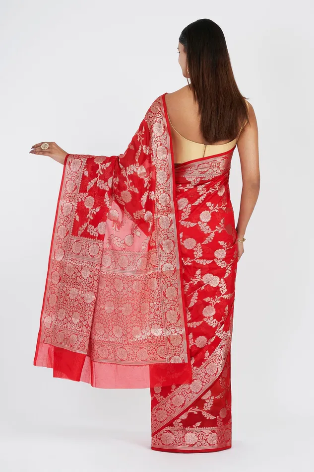 Earrings Teejh Manjula Red Banarasi Semi Georgette Silk Saree Teejh