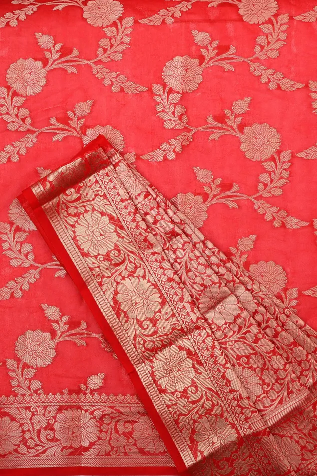 Earrings Teejh Manjula Red Banarasi Semi Georgette Silk Saree Teejh