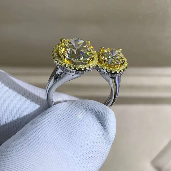 Leyloon Jewelry Rings 5 Carat Round Cut Moissanite Ring Vivid Yellow VVS 2 Stone Double Floating Halo