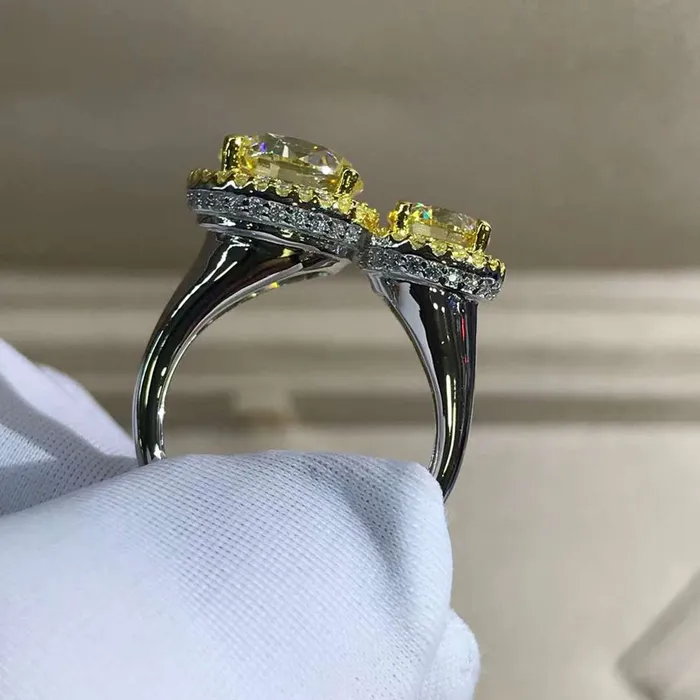 Leyloon Jewelry Rings 5 Carat Round Cut Moissanite Ring Vivid Yellow VVS 2 Stone Double Floating Halo