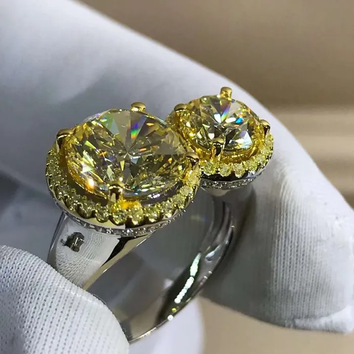 Leyloon Jewelry Rings 5 Carat Round Cut Moissanite Ring Vivid Yellow VVS 2 Stone Double Floating Halo