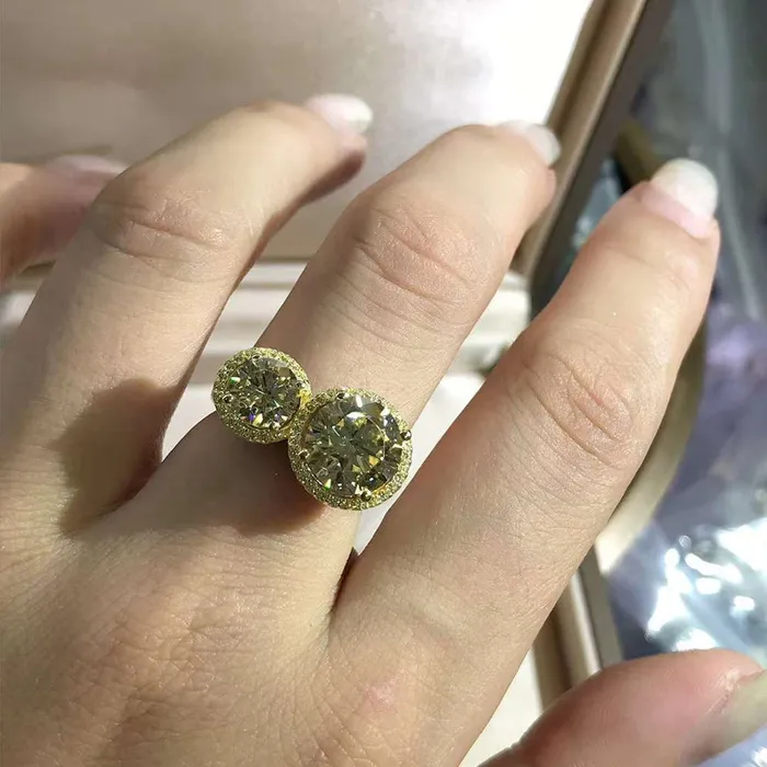Leyloon Jewelry Rings 5 Carat Round Cut Moissanite Ring Vivid Yellow VVS 2 Stone Double Floating Halo