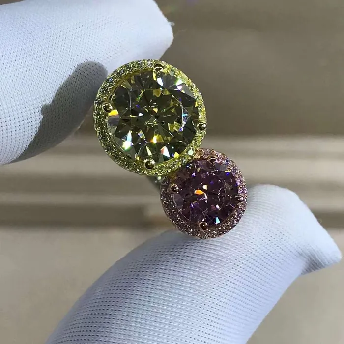 Leyloon Jewelry Rings 5 Carat Round Cut Moissanite Ring Vivid Yellow VVS 2 Stone Double Floating Halo