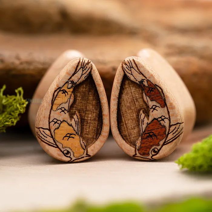 Omerica Organic Earrings Koi Wood Teardrop Plugs