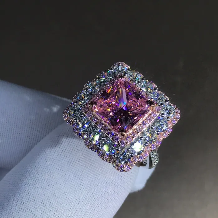 Rings Leyloon Jewelry 4 Carat Pink Square Radiant Cut Twotone Triple Halo Beadset Moissanite Ring