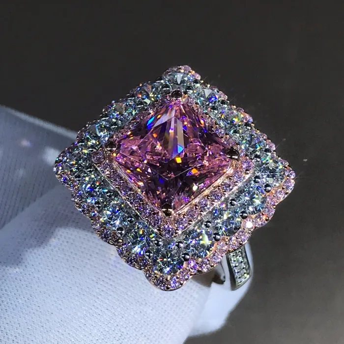 Rings Leyloon Jewelry 4 Carat Pink Square Radiant Cut Twotone Triple Halo Beadset Moissanite Ring