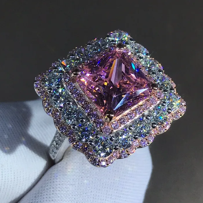 Rings Leyloon Jewelry 4 Carat Pink Square Radiant Cut Twotone Triple Halo Beadset Moissanite Ring