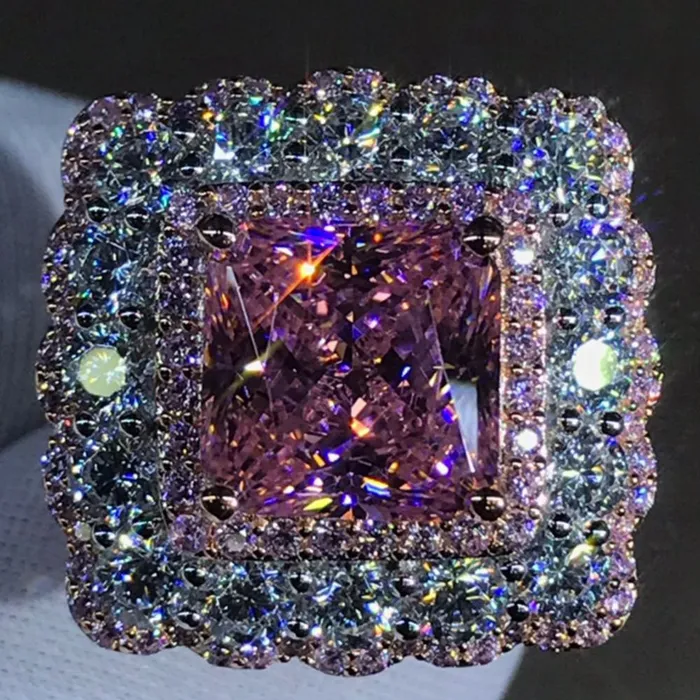 Rings Leyloon Jewelry 4 Carat Pink Square Radiant Cut Twotone Triple Halo Beadset Moissanite Ring