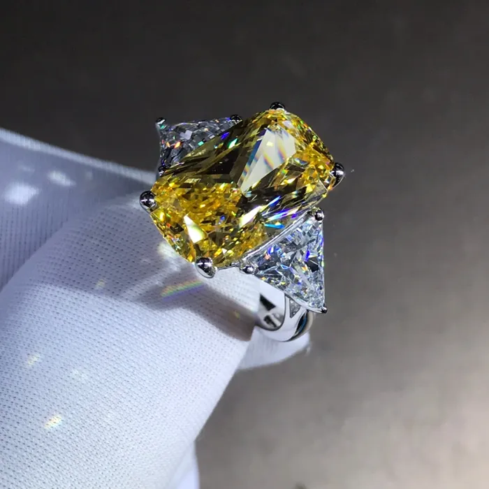 Rings Leyloon Jewelry 6 Carat Elongated Cushion Cut Moissanite Ring Vivid Yellow VVS 4 Claw Basket Beadset