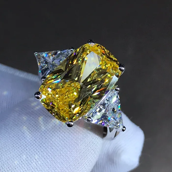 Rings Leyloon Jewelry 6 Carat Elongated Cushion Cut Moissanite Ring Vivid Yellow VVS 4 Claw Basket Beadset