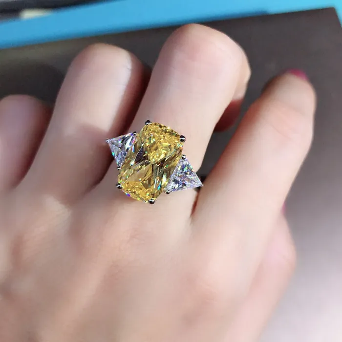 Rings Leyloon Jewelry 6 Carat Elongated Cushion Cut Moissanite Ring Vivid Yellow VVS 4 Claw Basket Beadset