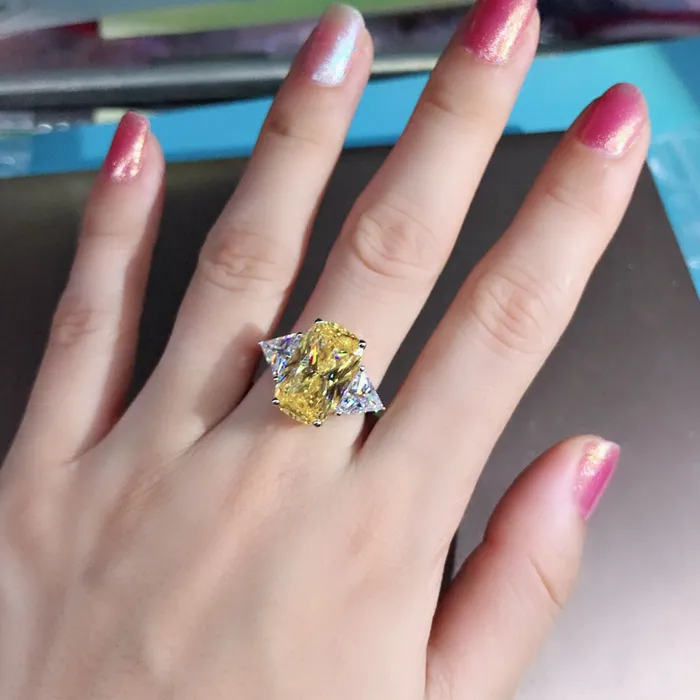 Rings Leyloon Jewelry 6 Carat Elongated Cushion Cut Moissanite Ring Vivid Yellow VVS 4 Claw Basket Beadset