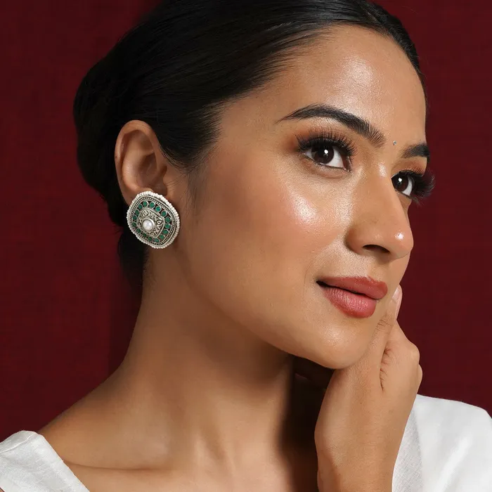 Teejh Earrings Teejh Rudrama Silver Oxidised Green Stud