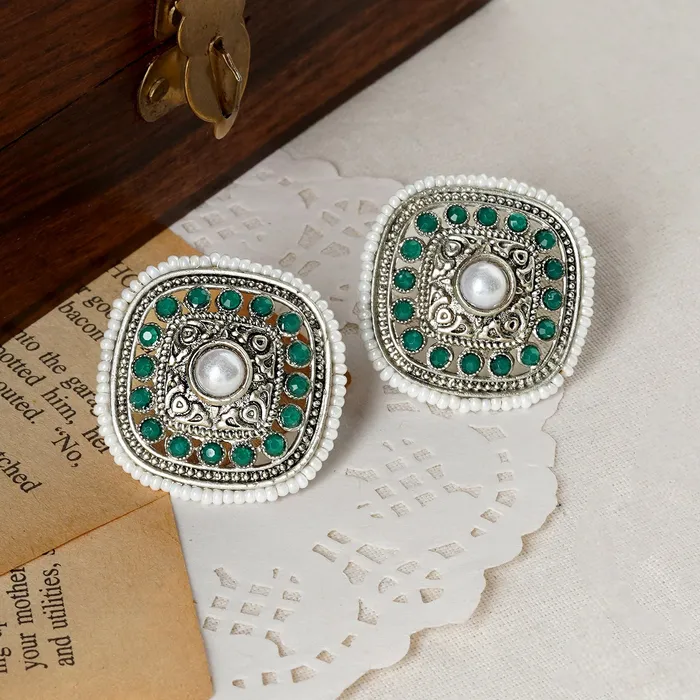 Teejh Earrings Teejh Rudrama Silver Oxidised Green Stud