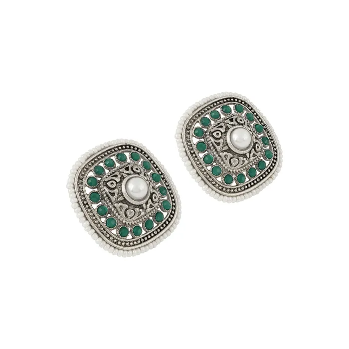 Teejh Earrings Teejh Rudrama Silver Oxidised Green Stud