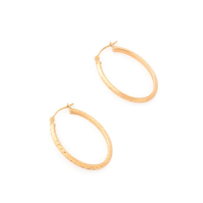 Vintage Earrings Hammered 14K Gold Oval Hoop Earrings