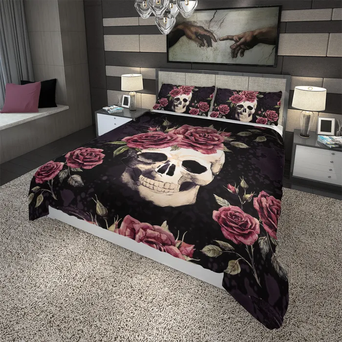 Zapps Clothing Earrings Vintage Flower Skull Duvet Cover Set