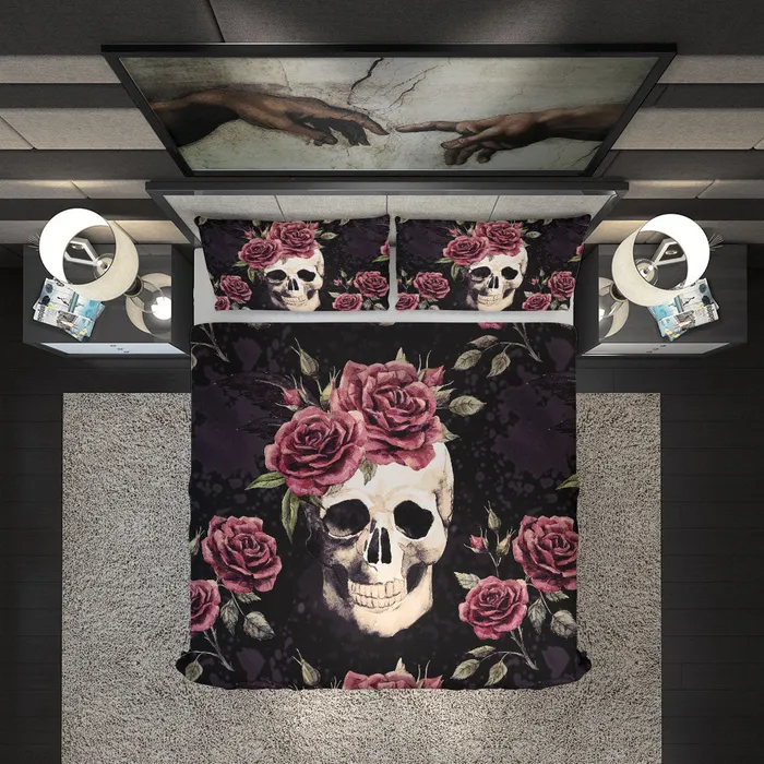 Zapps Clothing Earrings Vintage Flower Skull Duvet Cover Set