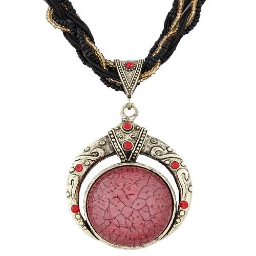 01 N1638 Gold Black Bead Red Shimmer Gem Necklace with FREE Earrings Necklaces