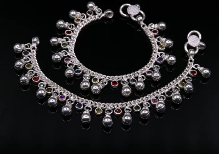 6 Handmade Sterling silver baby anklet excellent baby gifting charm bracelet ankle foot jewelry with noisy hanging bells from india ank16 TRIBAL ORNAMENTS Bracelets