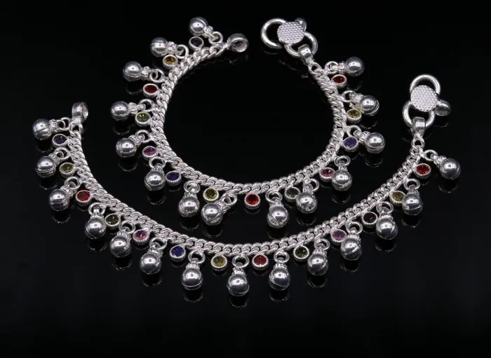 6 Handmade Sterling silver baby anklet excellent baby gifting charm bracelet ankle foot jewelry with noisy hanging bells from india ank16 TRIBAL ORNAMENTS Bracelets
