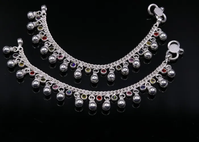 6 Handmade Sterling silver baby anklet excellent baby gifting charm bracelet ankle foot jewelry with noisy hanging bells from india ank16 TRIBAL ORNAMENTS Bracelets