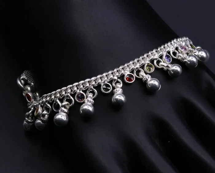 6 Handmade Sterling silver baby anklet excellent baby gifting charm bracelet ankle foot jewelry with noisy hanging bells from india ank16 TRIBAL ORNAMENTS Bracelets