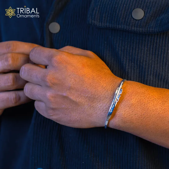 925 sterling silver handmade amazing stylish feather design adjustable customized modern trendy cuff kada bracelet unisex jewelry CUFF177 TRIBAL ORNAMENTS Bracelets