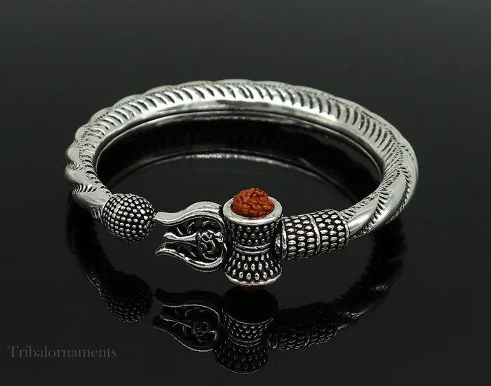 925 Sterling silver handmade Lord Shiva trident trishul trishool kada bangle bracelet with natural Rudraksha customized kada nsk381 TRIBAL ORNAMENTS Bracelets
