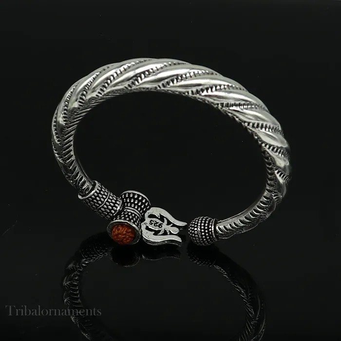 925 Sterling silver handmade Lord Shiva trident trishul trishool kada bangle bracelet with natural Rudraksha customized kada nsk381 TRIBAL ORNAMENTS Bracelets