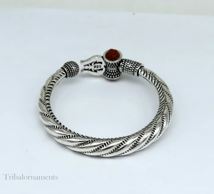 925 Sterling silver handmade Lord Shiva trident trishul trishool kada bangle bracelet with natural Rudraksha customized kada nsk381 TRIBAL ORNAMENTS Bracelets