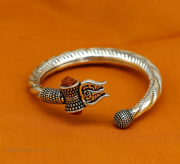 925 Sterling silver handmade Lord Shiva trident trishul trishool kada bangle bracelet with natural Rudraksha customized kada nsk381 TRIBAL ORNAMENTS Bracelets