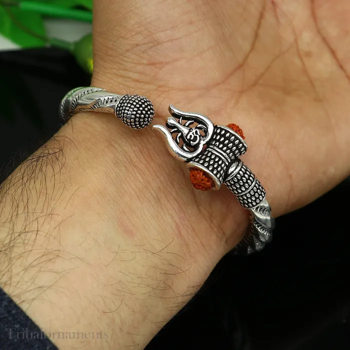 925 Sterling silver handmade Lord Shiva trident trishul trishool kada bangle bracelet with natural Rudraksha customized kada nsk381 TRIBAL ORNAMENTS Bracelets