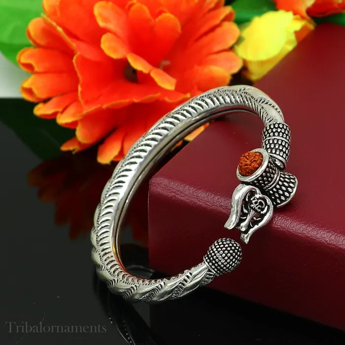925 Sterling silver handmade Lord Shiva trident trishul trishool kada bangle bracelet with natural Rudraksha customized kada nsk381 TRIBAL ORNAMENTS Bracelets
