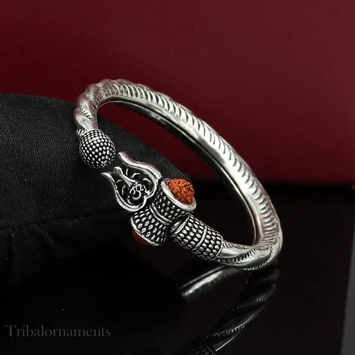 925 Sterling silver handmade Lord Shiva trident trishul trishool kada bangle bracelet with natural Rudraksha customized kada nsk381 TRIBAL ORNAMENTS Bracelets