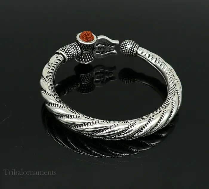 925 Sterling silver handmade Lord Shiva trident trishul trishool kada bangle bracelet with natural Rudraksha customized kada nsk381 TRIBAL ORNAMENTS Bracelets