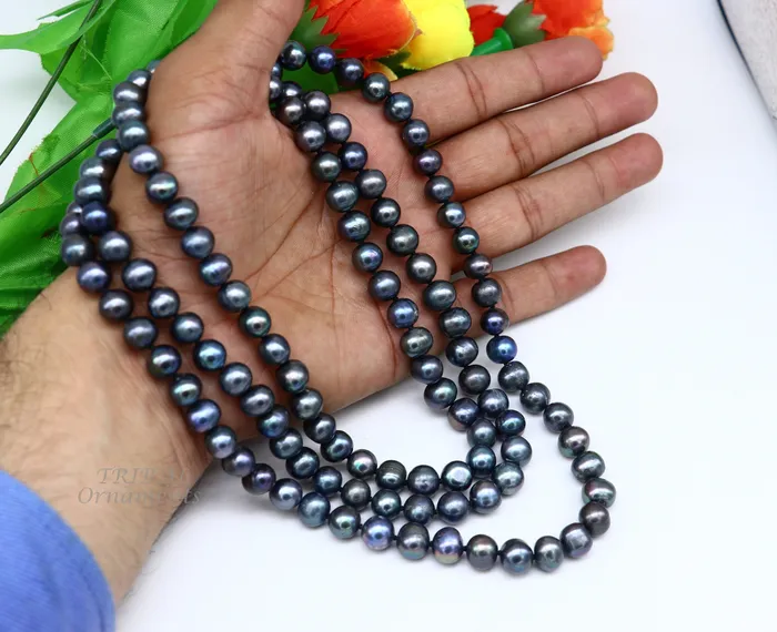 9mm 716 carats fresh water pearl dark gray bright shining beaded 48 inches necklace chain looking gorgeous brides groom jewelry pnec01 TRIBAL ORNAMENTS Necklaces