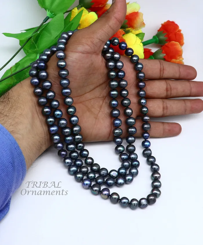 9mm 716 carats fresh water pearl dark gray bright shining beaded 48 inches necklace chain looking gorgeous brides groom jewelry pnec01 TRIBAL ORNAMENTS Necklaces