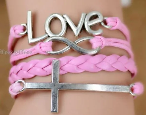 alice B1261 Light Pink Cross Love Layer Leather Bracelet Bracelets