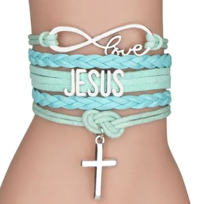 B158 Mint Green Cross Jesus Infinity Layered Bracelet POLLY Bracelets