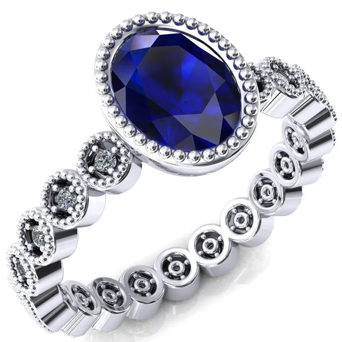 Borea Oval Blue Sapphire Milgrain Bezel Full Eternity Diamond Accent Ring Fire Brilliance Rings