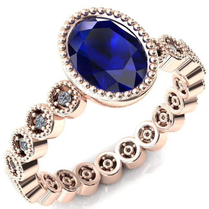 Borea Oval Blue Sapphire Milgrain Bezel Full Eternity Diamond Accent Ring Fire Brilliance Rings